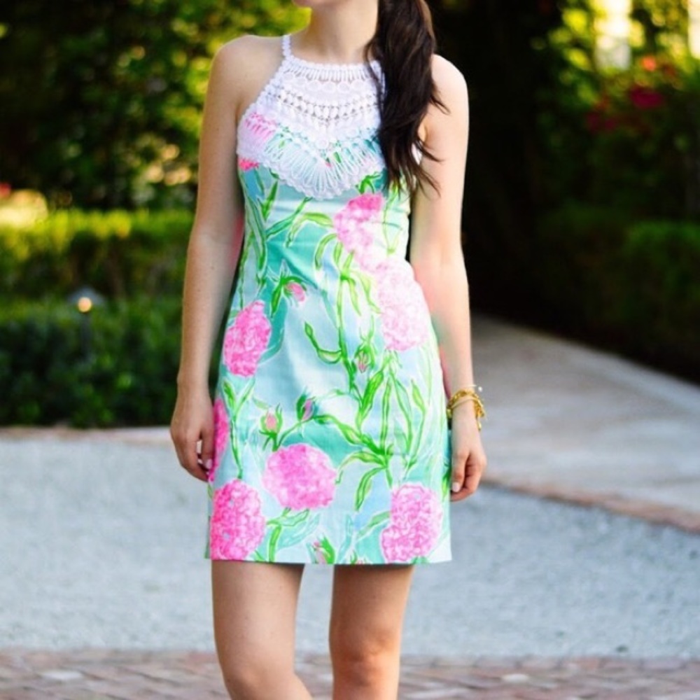 Lilly Pulitzer Pearl Florescent Pastel Neon Floral Crochet Lace Shift Dress 00